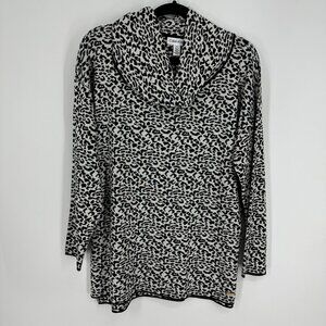 3/$25 Calvin Klein Snow Leopard Print Long Sweater L Cowl Neck Tunic Black White